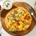 Breakfast quesadilla with eggs, cheese, and peppers, served with salsa and guacamole on a wooden board.