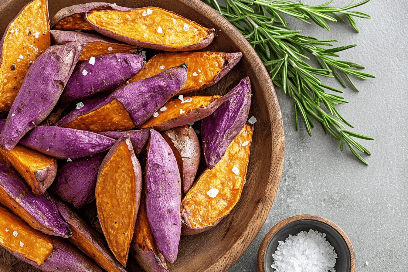 Close-up of whole Murasaki sweet potatoes on a rustic wooden board, with a knife and fresh rosemary nearby.