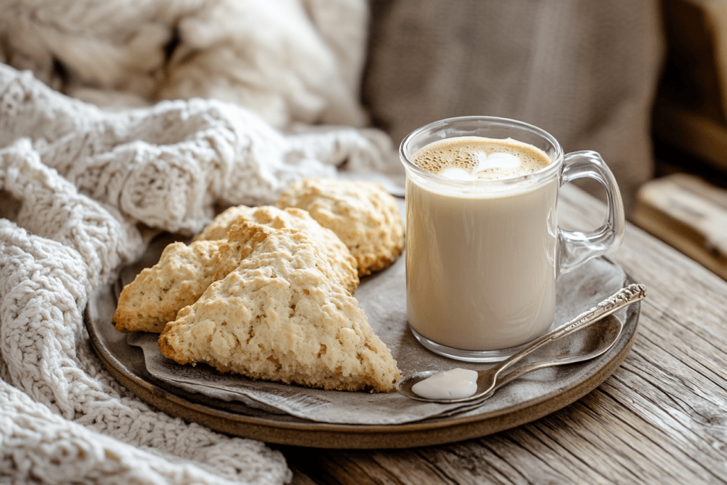 A cup of coffee with Irish cream coffee creamer served next to scones on a cozy breakfast table. 3