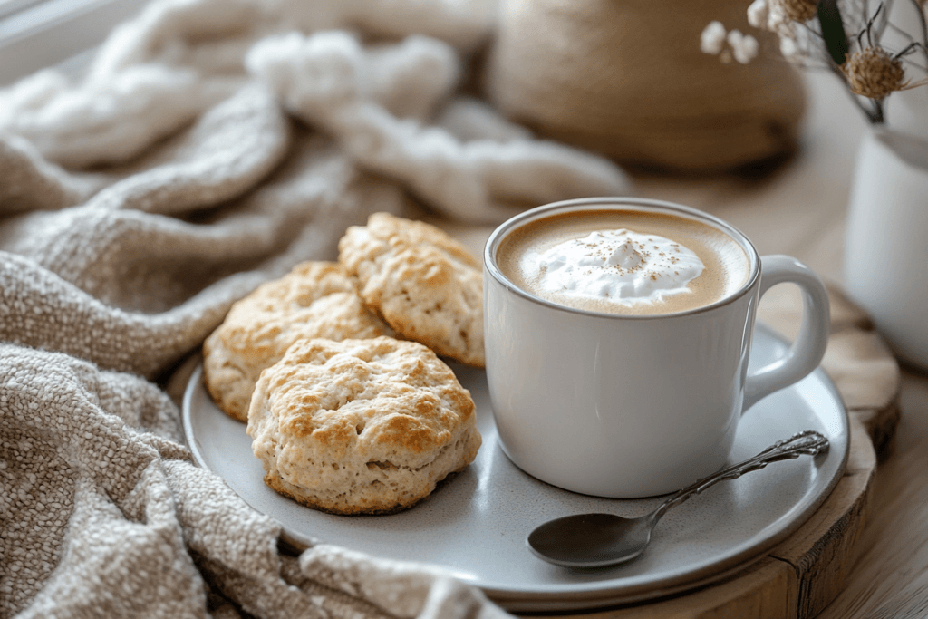 A cup of coffee with Irish cream coffee creamer served next to scones on a cozy breakfast table. 2