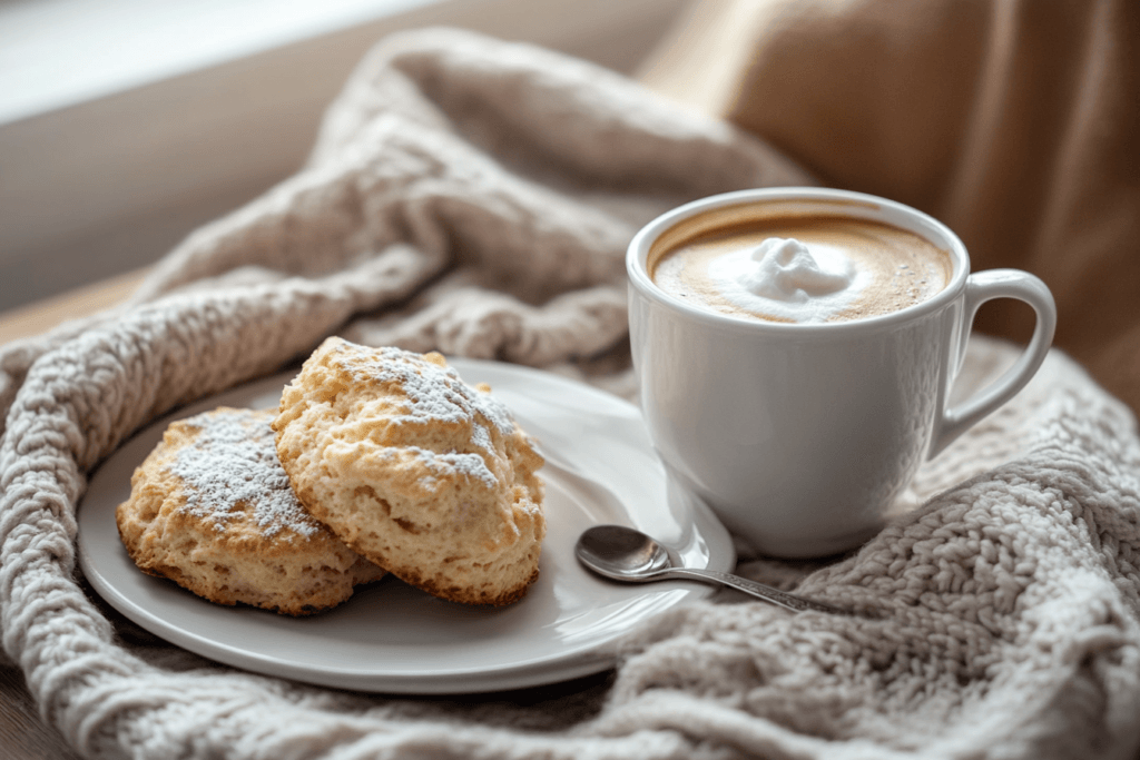 A cup of coffee with Irish cream coffee creamer served next to scones on a cozy breakfast table. 1