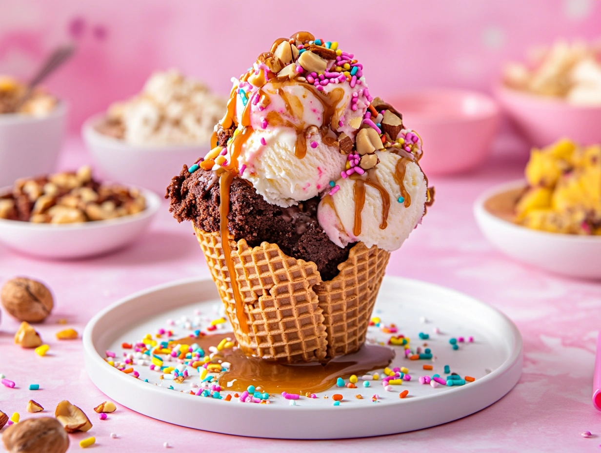 "Overhead view of a brownie ice cream sundae topped with whipped cream, chocolate drizzle, and a cherry, surrounded by fresh brownies and an ice cream scoop on a wooden tray.