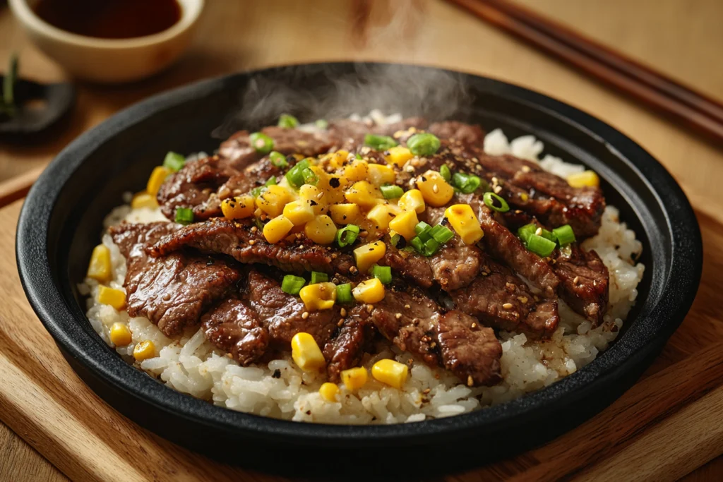 A sizzling Pepper Lunch-style Beef Pepper Rice dish on a hot plate, topped with butter, black pepper, and green onions, with chopsticks and soy sauce on the side.