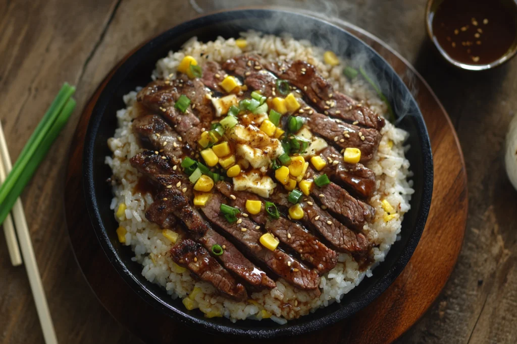 A beautifully plated Pepper Lunch Beef Pepper Rice dish 