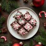 Rocky Road Bar close-up with visible layers of chocolate, marshmallows, and nuts, surrounded by scattered chocolate chips and marshmallows.