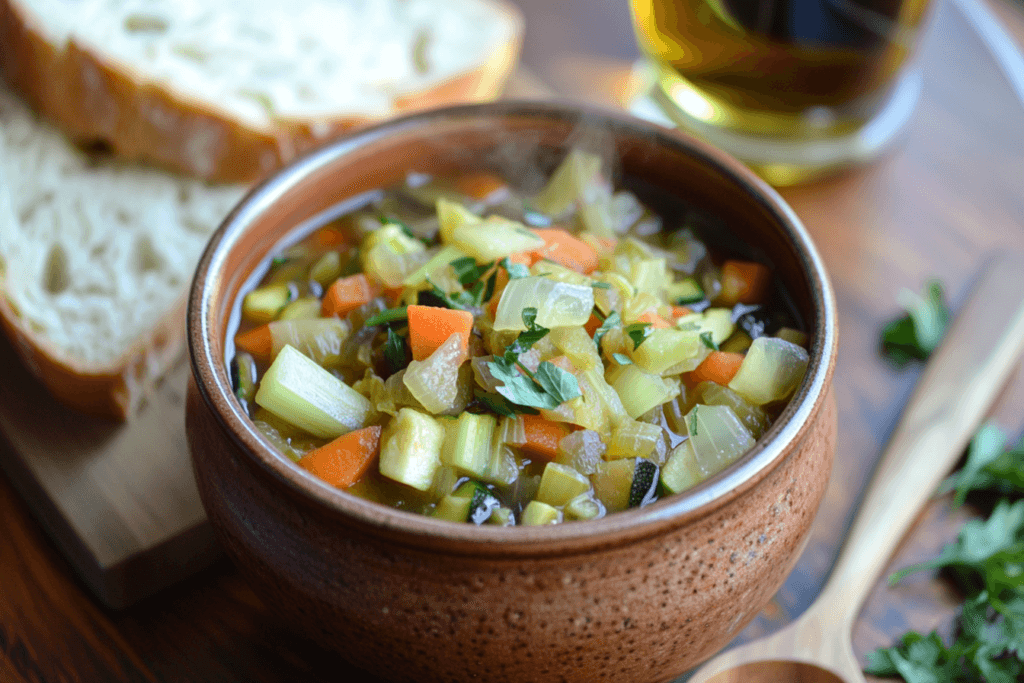 A bowl of vegetable soup garnished with parsley, served with crusty bread on a white plate, creating a warm and inviting meal.