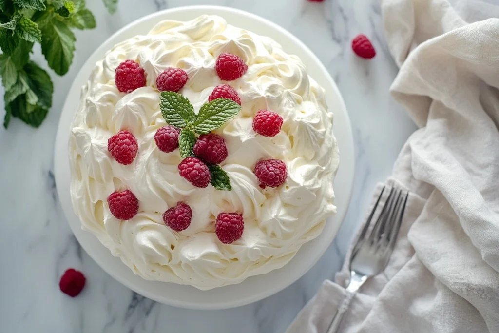 Fluffy 2-ingredient healthy cloud cake on a white cake stand, garnished with fresh raspberries and mint leaves, perfect for a light dessert.