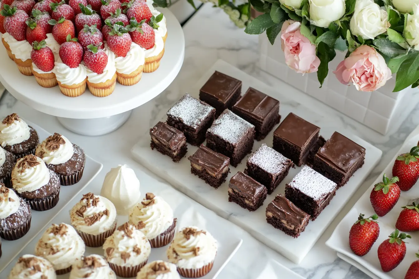 A beautifully arranged dessert table with an assortment of sweet treats, including brownies, cupcakes, and chocolate-dipped strawberries, on a marble countertop.