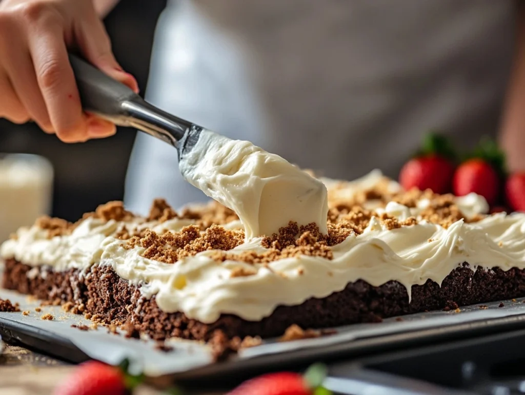 A baker spreading creamy frosting over brownies with a spatula, with cookie crumble topping and strawberries in the background. How long does it take to make strawberry crunch brownies

