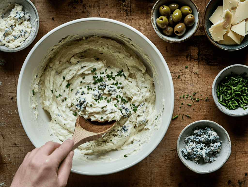 A hand mixing dirty martini dip in a white bowl, surrounded by bowls of olives, blue cheese, and chives on a wooden countertop.

