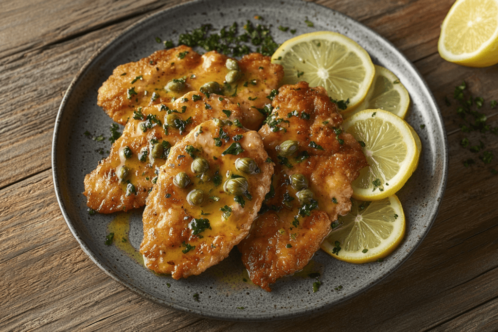 A close-up shot of chicken piccata, featuring golden chicken cutlets with lemon-butter sauce, capers, and fresh parsley.