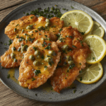 A close-up shot of chicken piccata, featuring golden chicken cutlets with lemon-butter sauce, capers, and fresh parsley.