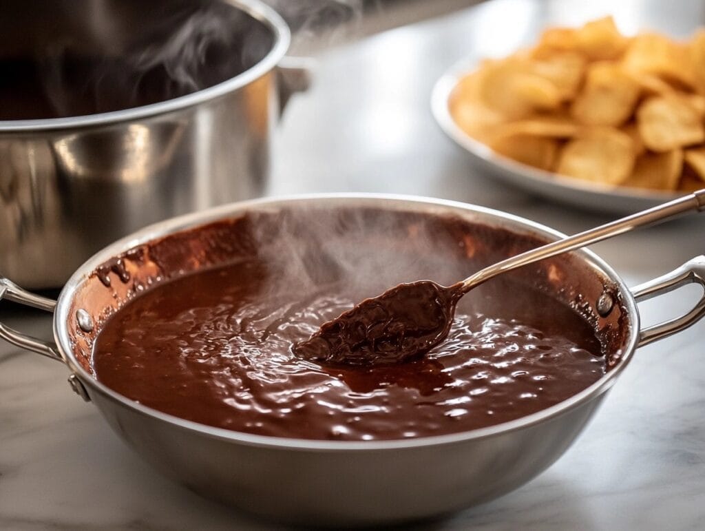 Bowl of melted chocolate being stirred with a spatula, with potato chips ready nearby on a marble counte