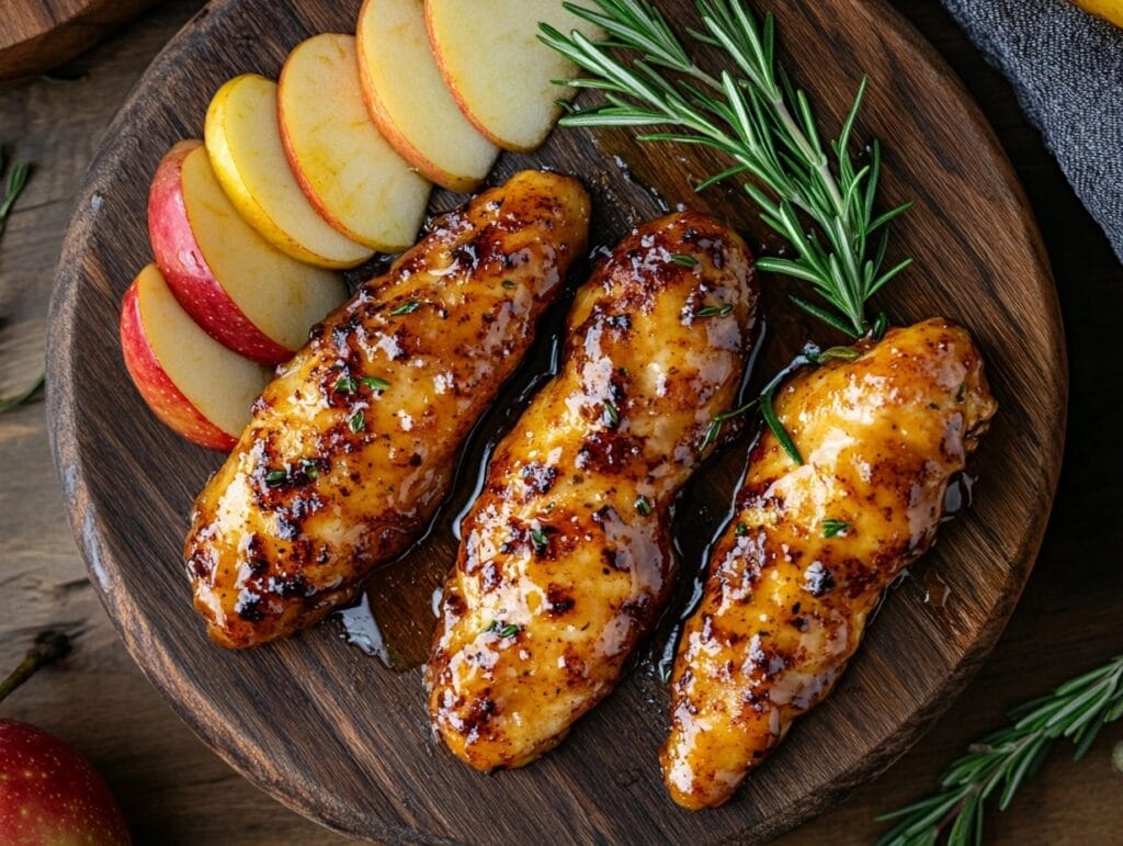 Golden-brown apple and honey-glazed chicken tenders with apple slices and a drizzle of honey on a rustic wooden platter.