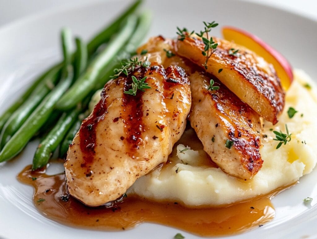 Apple and honey-glazed chicken tenders plated with mashed potatoes and green beans, garnished with fresh herbs.