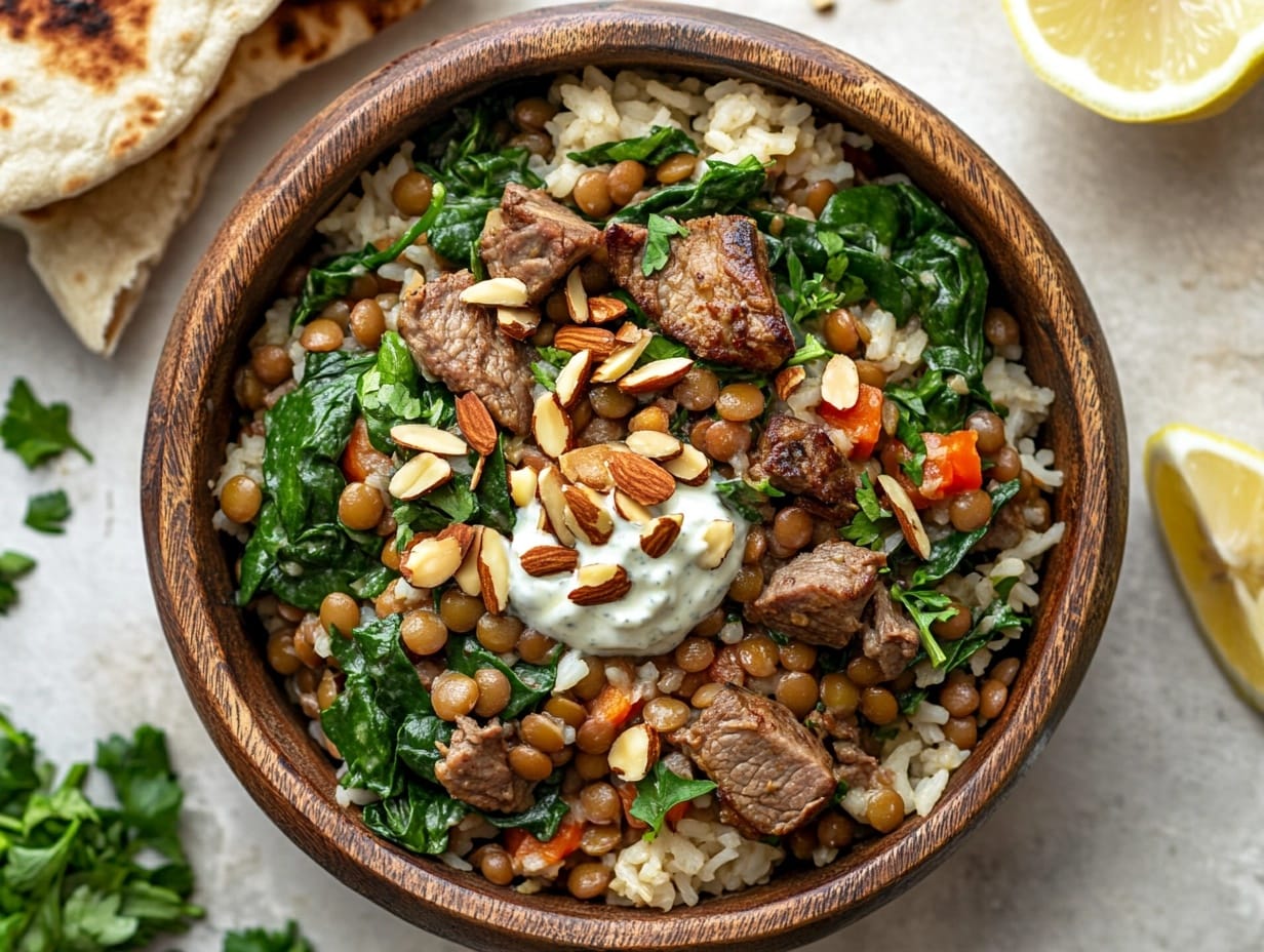 Lebanese lamb lentils rice spinach dish garnished with parsley and almonds in a rustic wooden bowl.