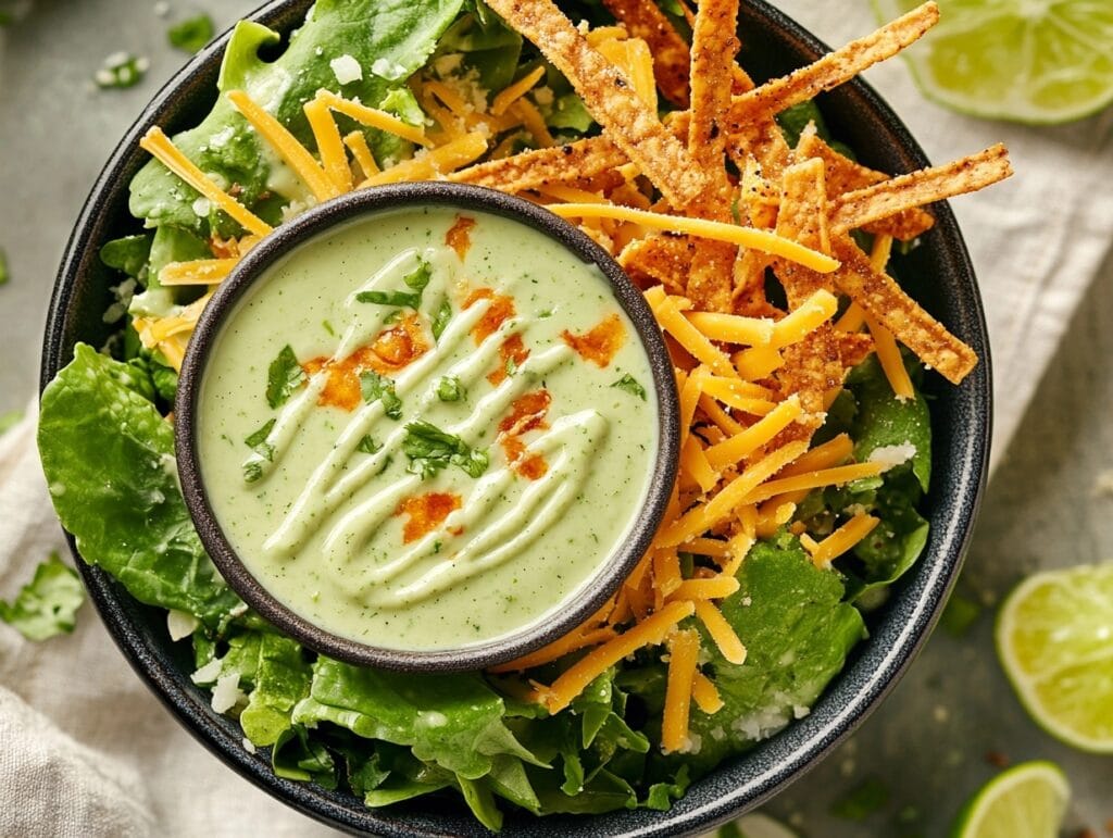 Avocado lime ranch dressing drizzled over a fresh green salad, garnished with tortilla strips and cheese.
