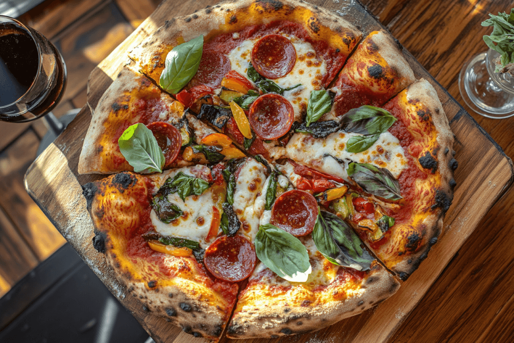 Sourdough discard pizza topped with pepperoni, roasted vegetables, and fresh basil served on a wooden board with marinara sauce.