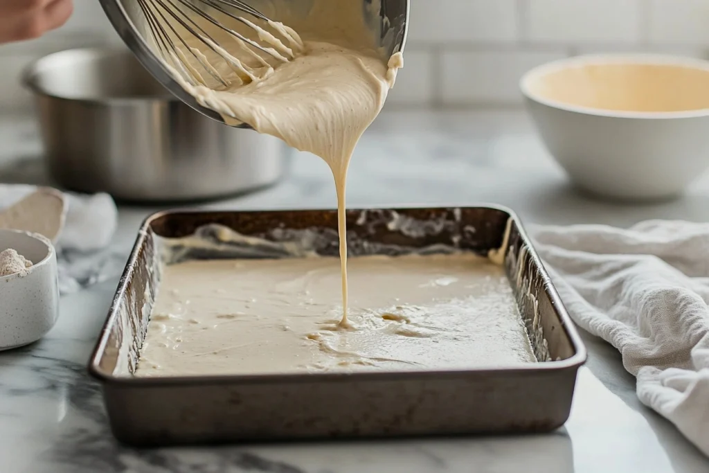 Easy kefir sheet cake batter being poured into a parchment-lined pan on a marble countertop.

