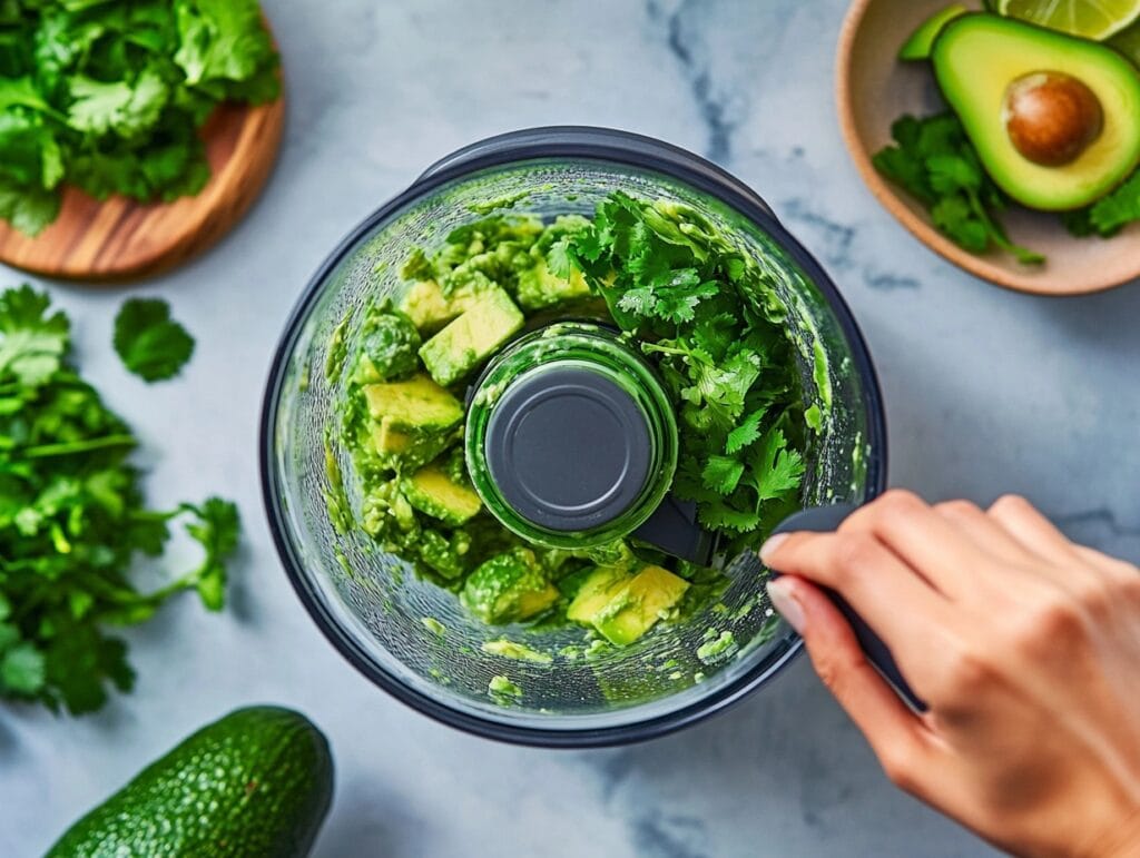 A blender with avocado, lime juice, and seasonings mid-blend, with a hand pressing the blender button.
