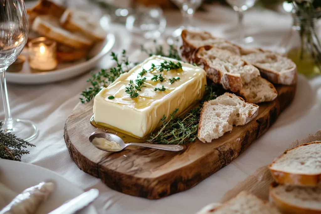 A served butter candle centerpiece on a wooden board with bread, herbs, and wine glasses.