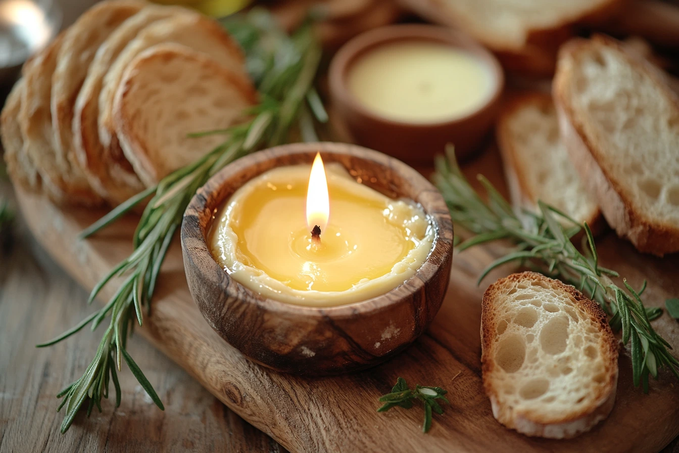 A butter candle with a lit wick on a wooden board surrounded by crusty bread and rosemary.