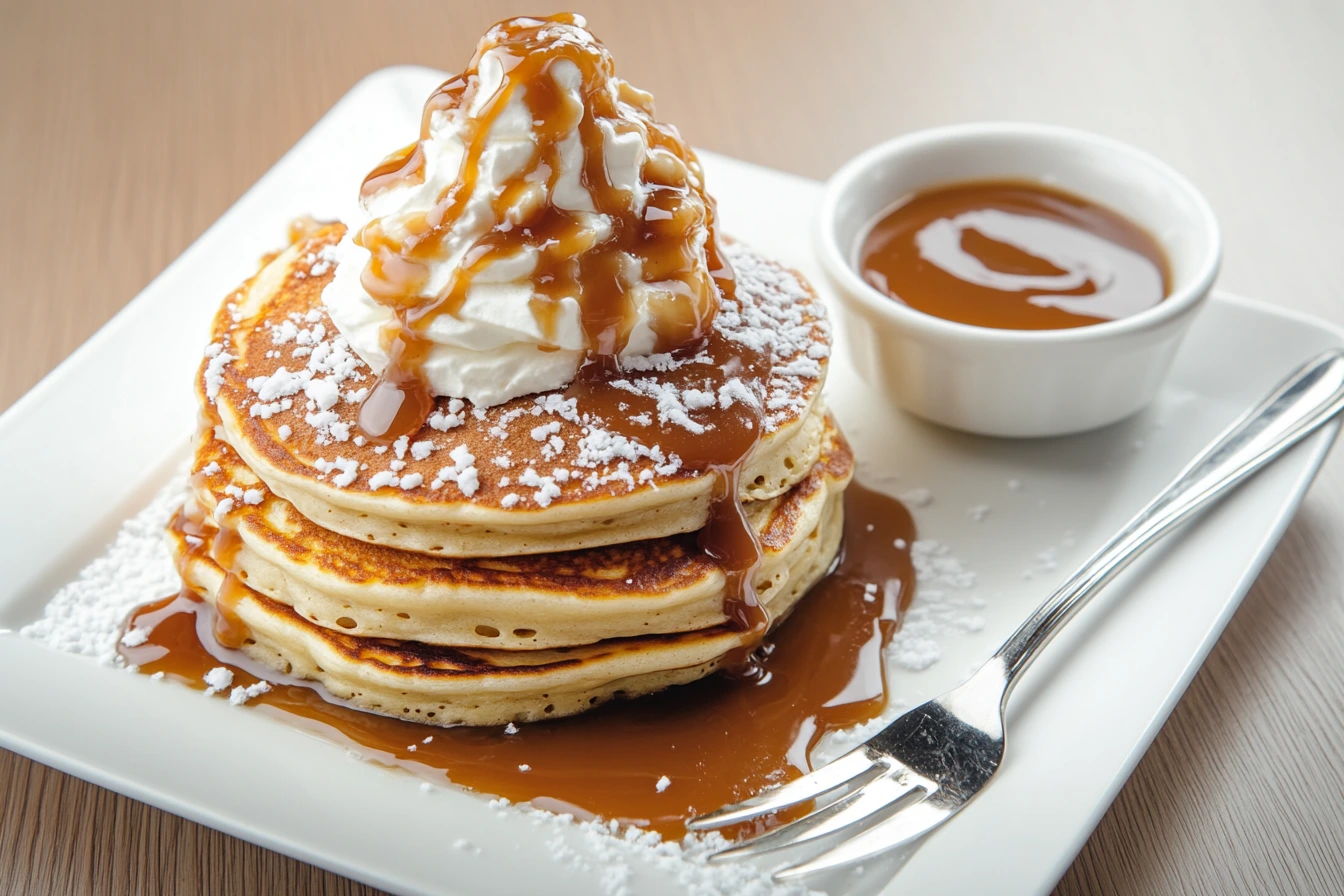 Stack of caramel salt pancakes topped with caramel drizzle and whipped cream on a white plate.