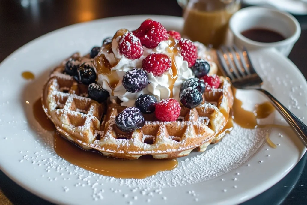 Caramel waffle garnished with whipped cream, berries, and caramel drizzle, served on a plate. carmel salt pancakes or waffle mix