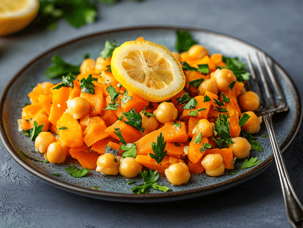 A plated carrot and chickpea salad with parsley lemon, garnished with fresh parsley and lemon slices, served on a ceramic dish.
