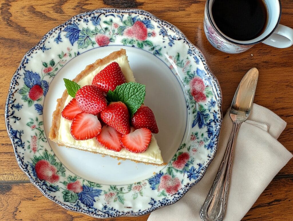 A slice of cheesecake with cream cheese filling, garnished with strawberries and mint, on a decorative plate.