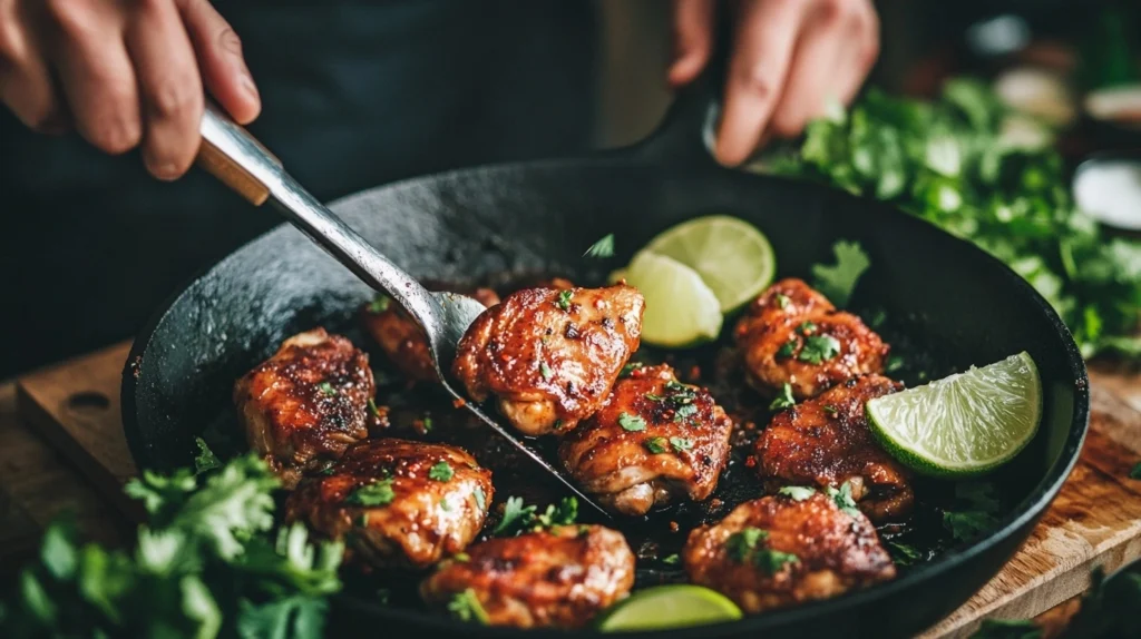 Chicken thighs cooking in a skillet, seasoned with a flavorful chicken taco spice blend.