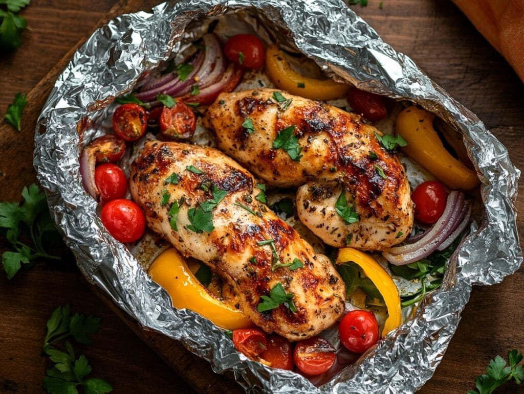 Wholesome chicken foil pack recipe with fresh vegetables and herbs on a rustic table.