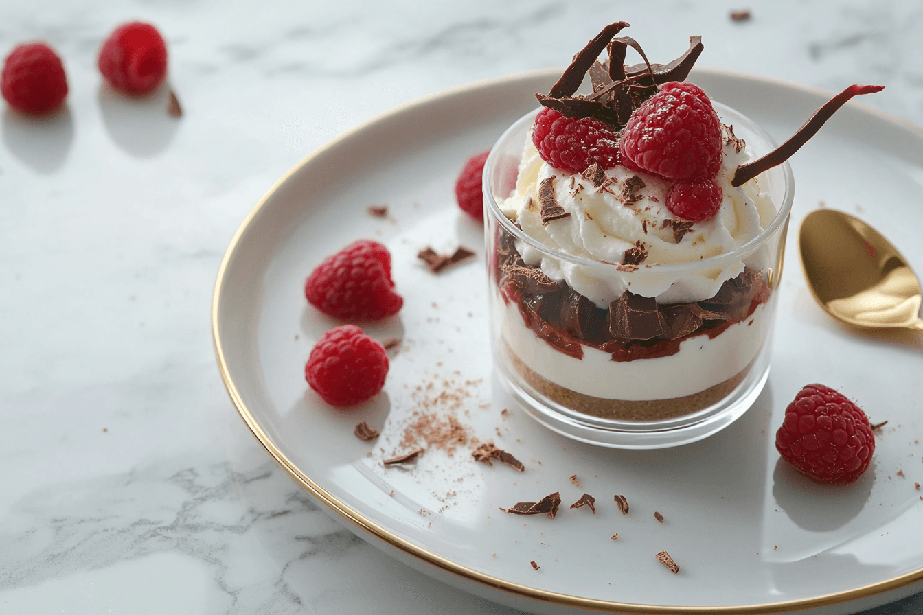 Chocolate cheesecake mousse cups topped with whipped cream, raspberries, and chocolate shavings, styled on a marble countertop.