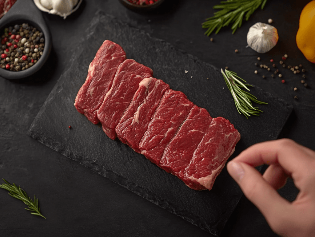 Hand selecting fresh flat iron steak with visible marbling from a butcher counter.