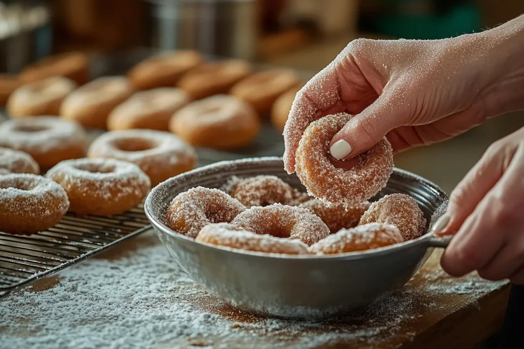 Hands coating gingerbread donuts in cinnamon sugar with a cooling rack in the background.