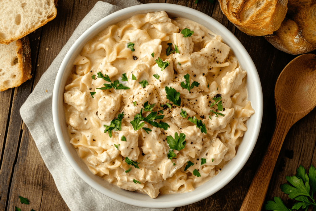 Creamy instant pot chicken and noodles garnished with parsley in a white bowl, served with bread on a wooden table.