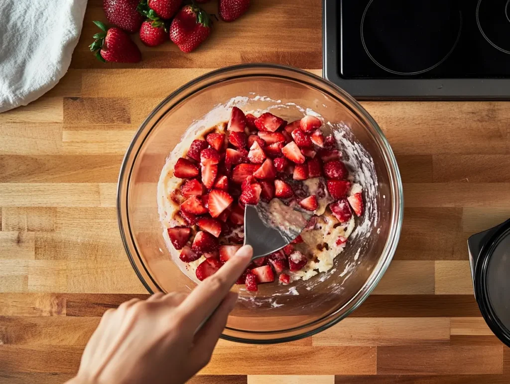 Overhead shot of a person folding fresh strawberries into waffle batter with a spatula, next to a preheated waffle iron.

