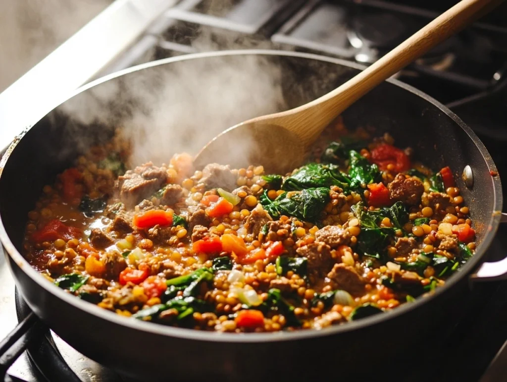 Lamb, lentils, rice, and spinach cooking in a large pot with aromatic spices.
