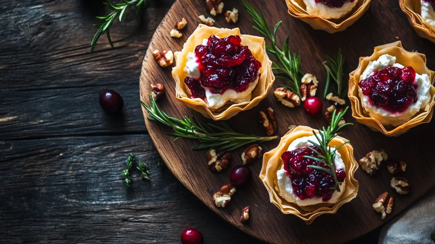 Elegant cranberry goat cheese phyllo cups on a rustic platter, garnished with rosemary and pecans.