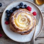 Delicious Danish pastry with cream cheese filling on a white plate, surrounded by fresh berries and a drizzle of honey.