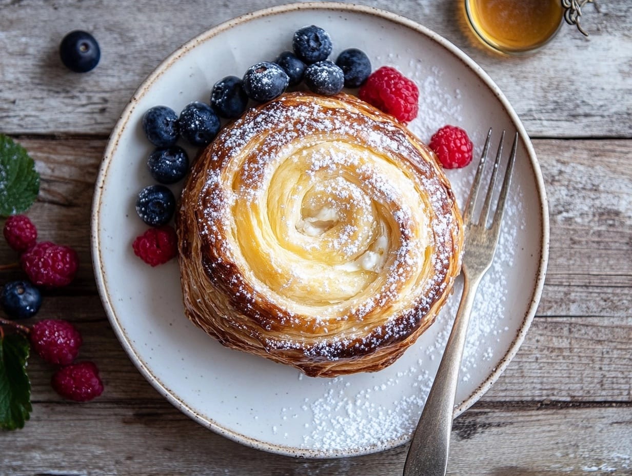 Delicious Danish pastry with cream cheese filling on a white plate, surrounded by fresh berries and a drizzle of honey.