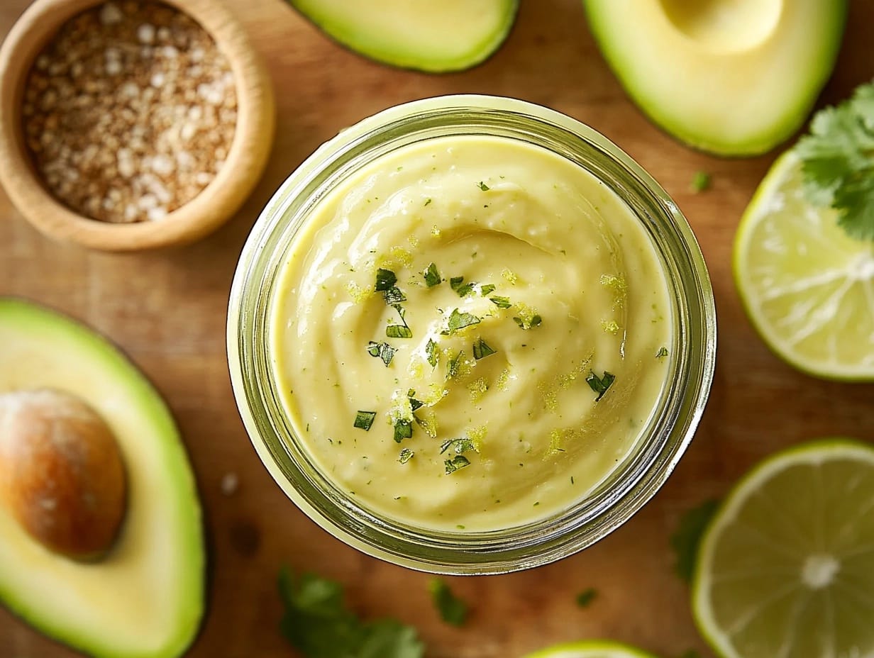 Fresh avocado lime ranch dressing in a glass jar, garnished with lime zest and cilantro, surrounded by avocados and lime wedges.