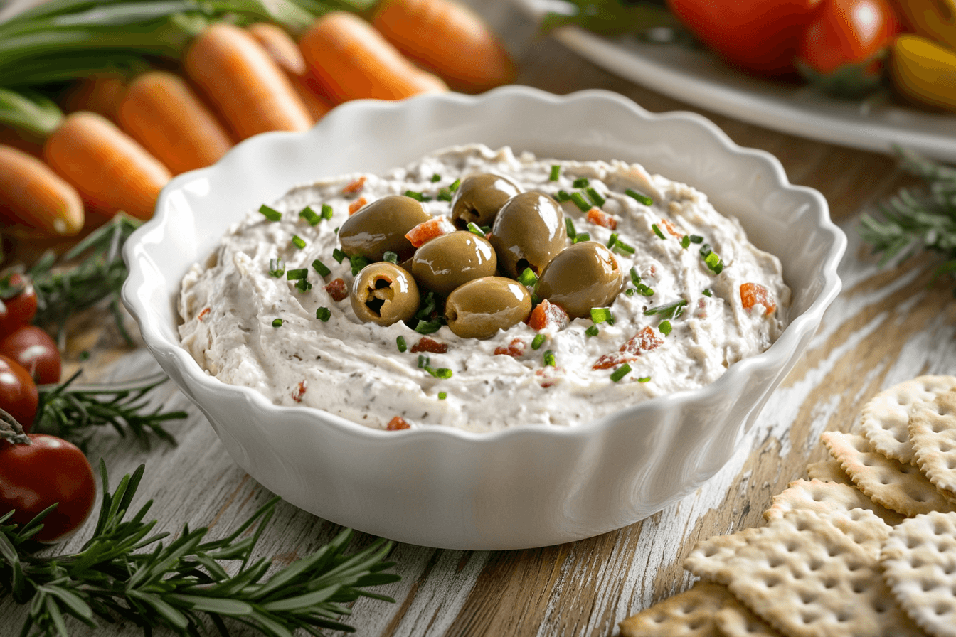 A creamy dirty martini dip garnished with olives and chives in a white ceramic dish, surrounded by crackers and fresh veggies.