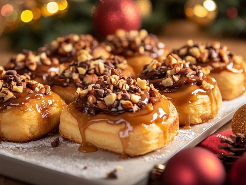  Customized cinnamon rolls with chocolate chips, nuts, and caramel drizzle on a festive table.