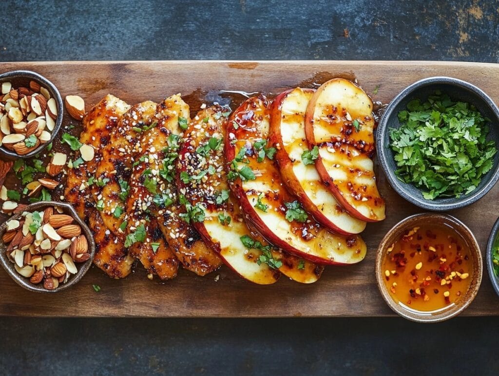 Apple and honey-glazed chicken tenders with toppings like almonds, chili flakes, and alternative glazes on a wooden board.