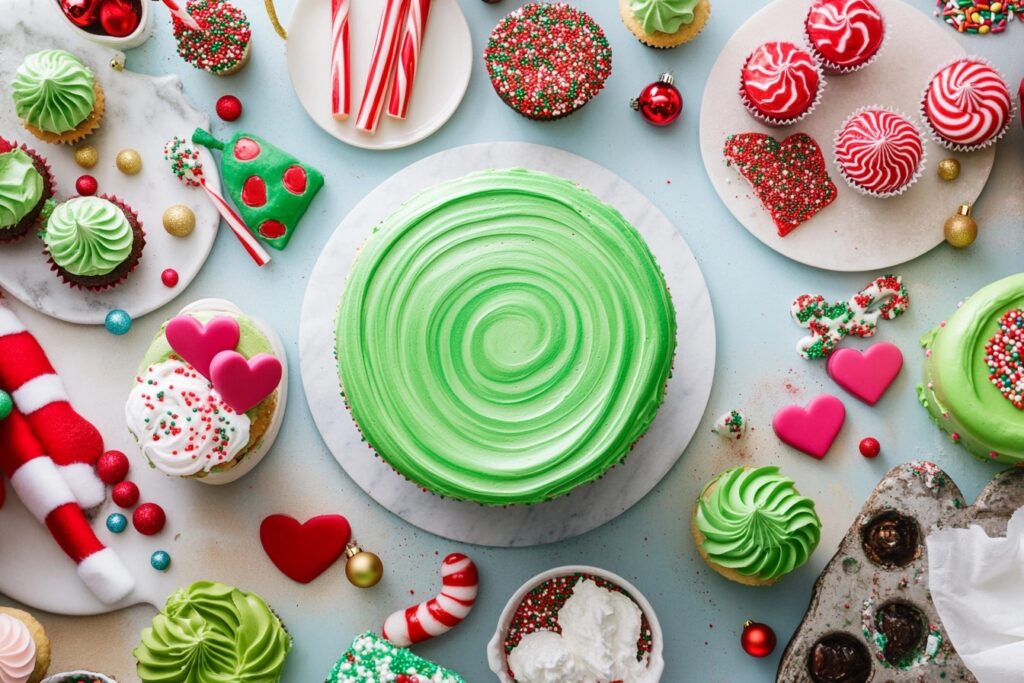 Creative Grinch Cake variations, including marble cake, cupcakes, and sheet cake, with Christmas decorations and baking supplies.