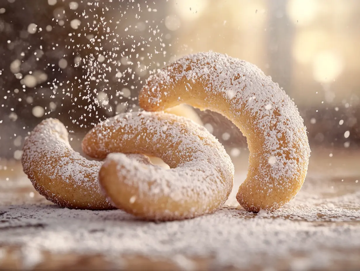 Plate of crescent-shaped moon cookies dusted with powdered sugar on a rustic wooden table with a cup of tea.