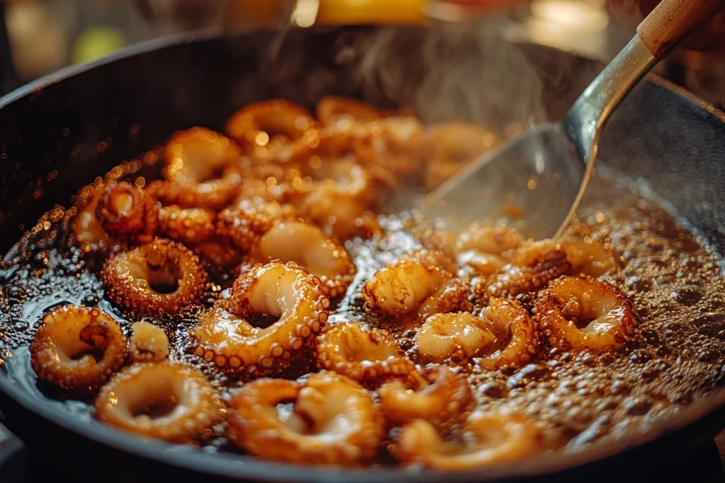 Crispy baby octopus bites frying in a cast-iron skillet with bubbling oil.

