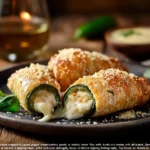 Crispy egg roll wrapper goat cheese jalapeno rolls served with creamy dipping sauce and fresh herbs.