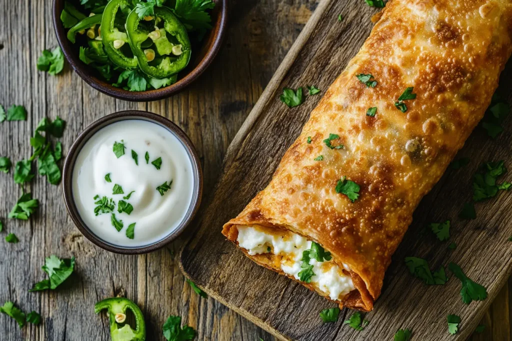 Crispy egg roll wrapper goat cheese jalapeno rolls served with creamy dipping sauce and fresh herbs.